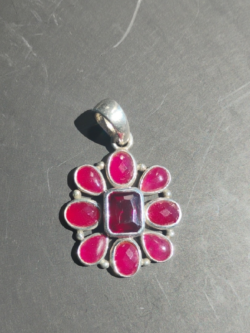 Large Pendant With Garnet With Rubies Stamped "925" Sterling Silver